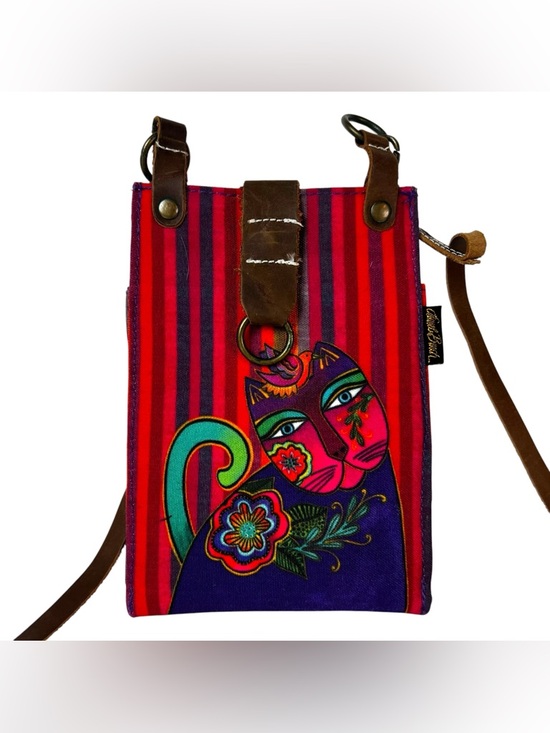 Laurel Burch Handbags - Laurel Burch Cat Crossbody Phone Bag Red Purple Striped 7.5 x 5.5